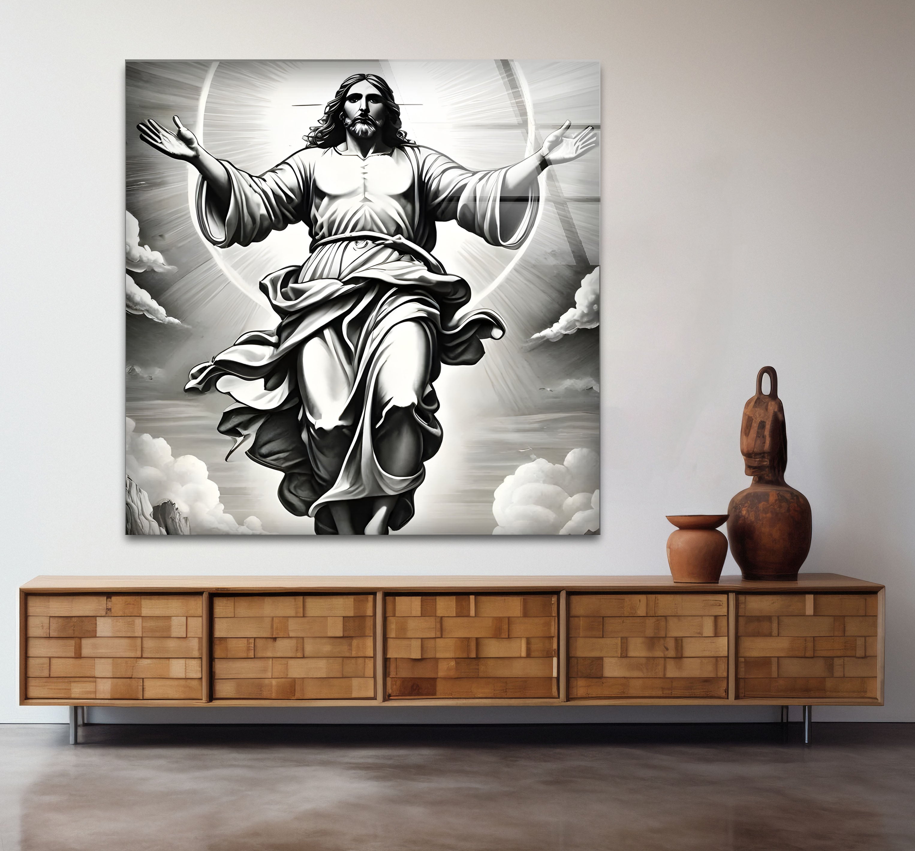 Black and White Jesus Christ Glass Wall Art - Religious Home Decor for Living Room, Bedroom & Church