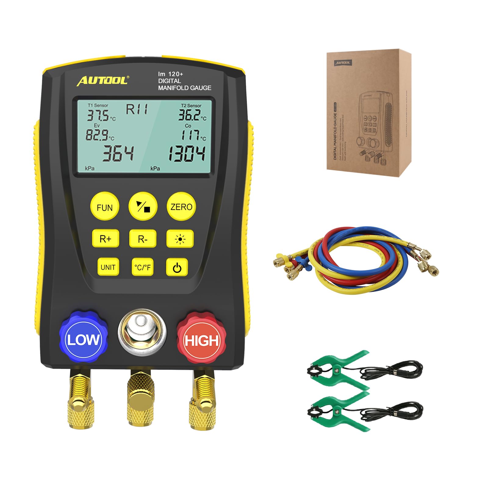 Professional Digital HVAC Manifold Gauge Set - Refrigeration Vacuum Pressure Temperature Tester Kit with Test Clips & Pipes for AC, Refrigerator Maintenance - Perfect for HVAC Technicians & DIY Home Appliance Repair