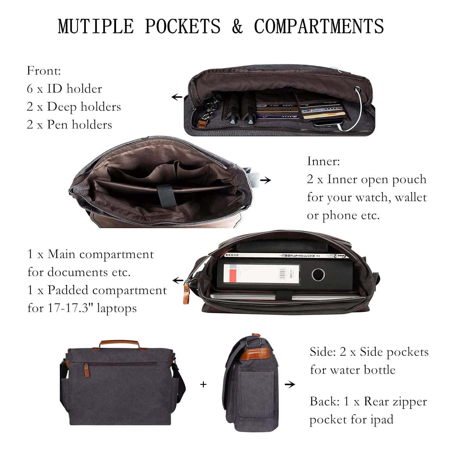ESTARER 17-17.3 Inch Waterproof Canvas Laptop Messenger Bag for Men - Durable Business Computer Briefcase for Work, Travel & College (Fits 15.6 Inch Laptops) - Perfect for Commuting, Business Trips & Daily Office Use