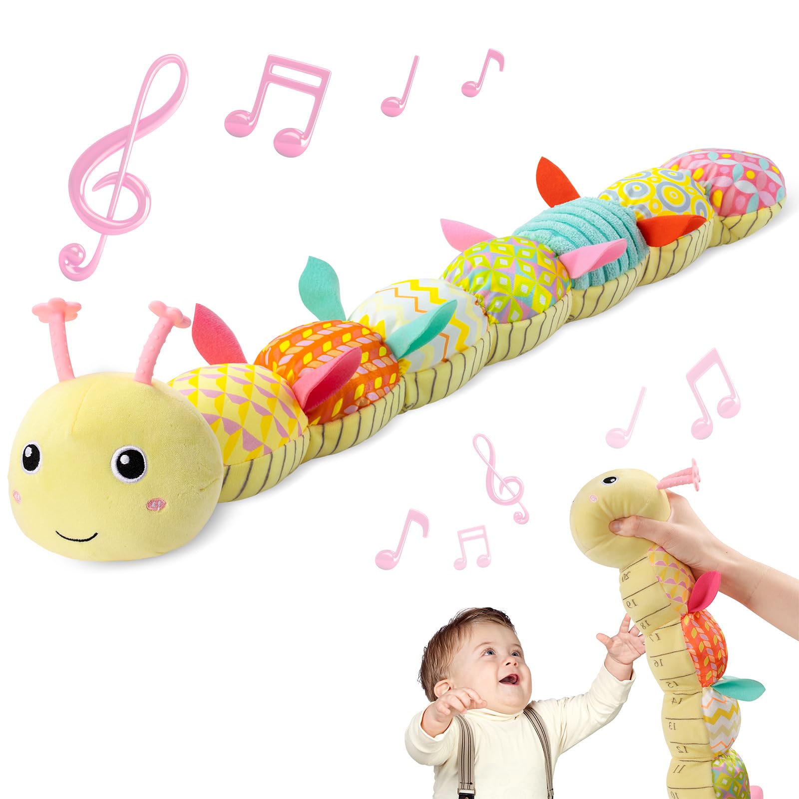 Sumobaby Musical Caterpillar Stuffed Animal Toy - Soft Teething & Sensory Activity Toy for Babies 0-12 Months with Crinkle, Rattle & Textures - Perfect for Tummy Time, Early Learning & Baby Shower Gifts (Yellow)