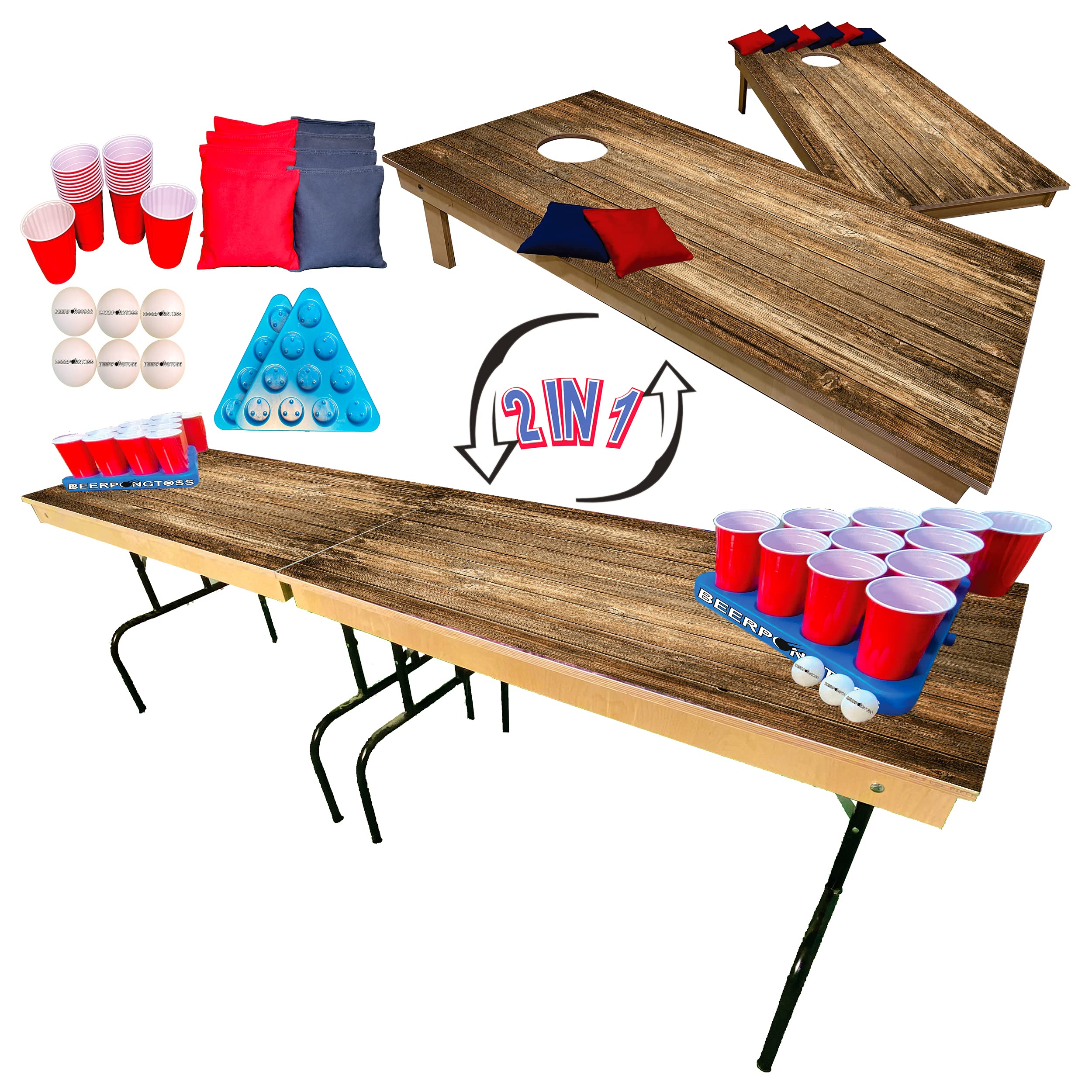 2-in-1 Wood Grain Beer Pong & Cornhole Game Set - 8ft Folding Table with 2 Cornhole Boards (4x2ft), 8 Bags, 22 Cups, 6 Balls & 2 Racks - Perfect for Tailgating, College Parties & Outdoor Gatherings (Brown)