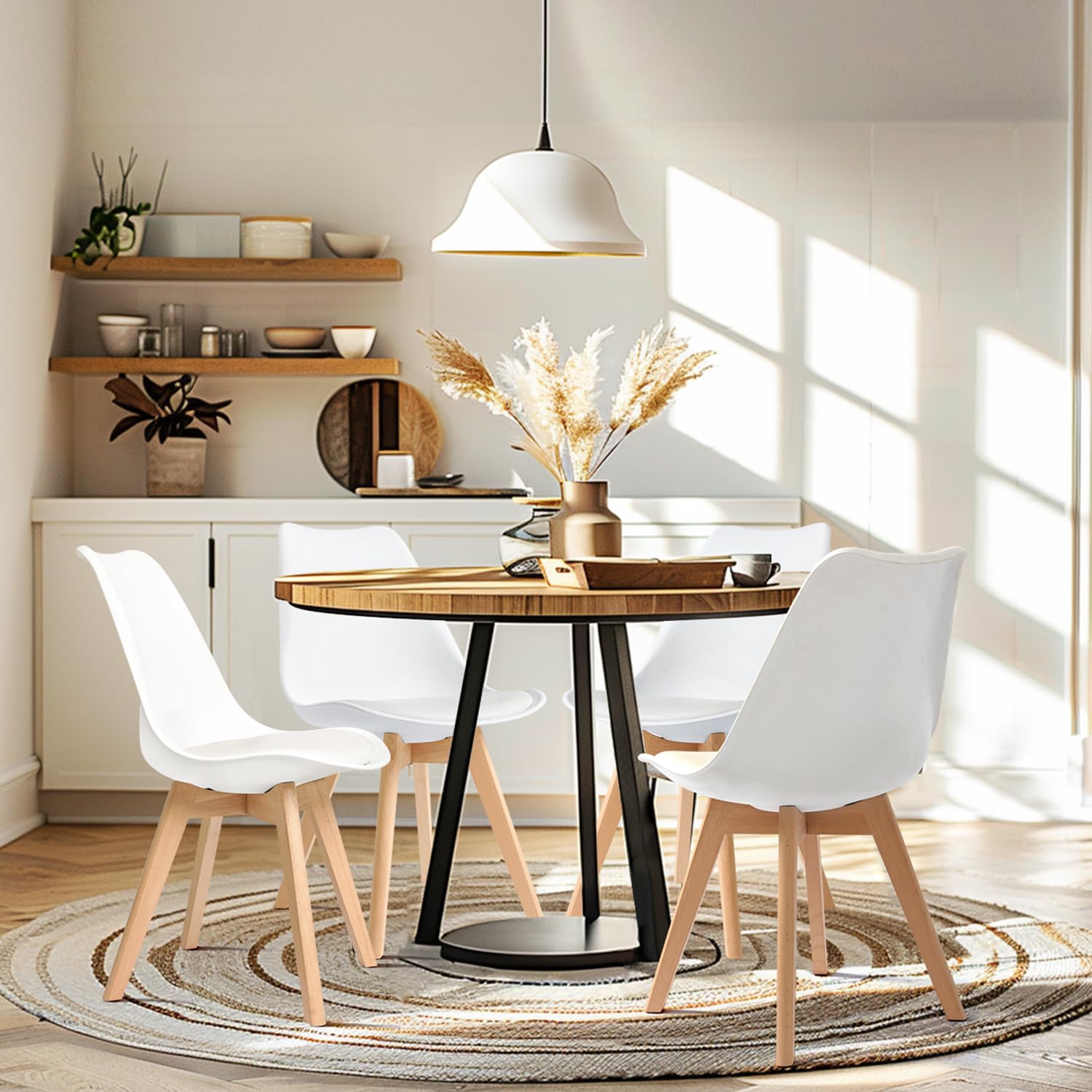 Mid Century Modern Dining Chairs Set of 4 - Soft Padded Kitchen & Dining Room Chairs with Wooden Legs - White Upholstered Chairs for Home, Office, Restaurant & Cafe Decor