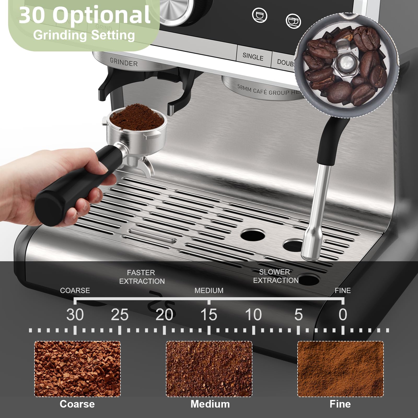 20 Bar Semi-Automatic Espresso Machine with Built-in Grinder & Milk Frother - Professional Home Coffee Maker for Latte, Cappuccino, Macchiato - Perfect Gift for Coffee Lovers & Parents (Home, Office, Cafe Use)