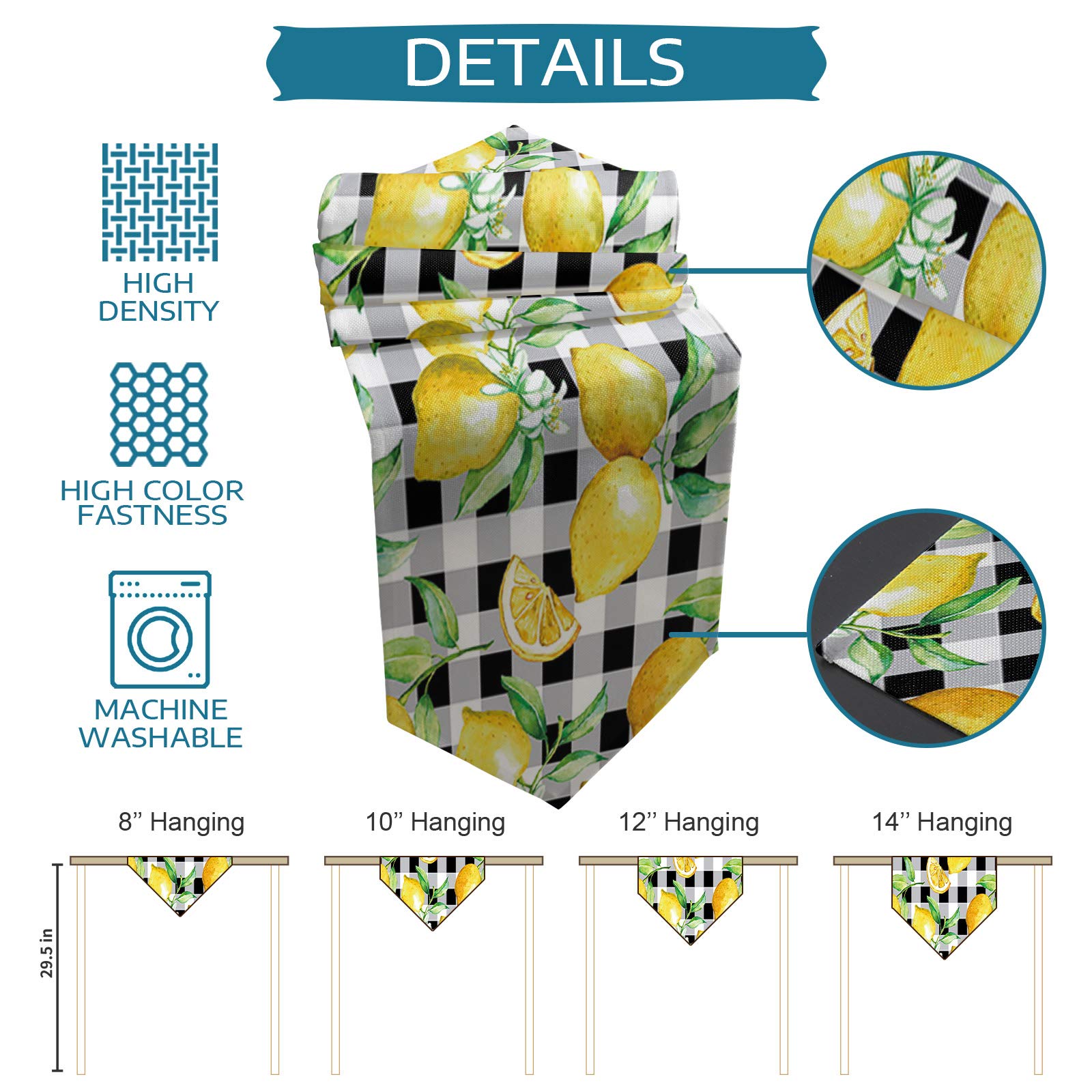 Linen Burlap Table Runner - Yellow Lemon Buffalo Plaid Farmhouse Decor (13x120In) for Dining Table, Kitchen, Coffee Table, Holiday Party & Family Dinner | Black & White Rustic Home Decor