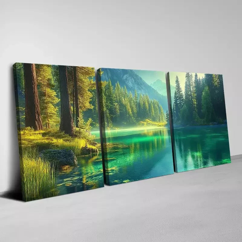 3-Piece Vintage Peaceful Forest Lake with Mountain Wall Art Set - Framed Canvas 40x60cm - High Quality Print - 100% Australian Made - Ready to Hang - Perfect for Living Room, Bedroom & Office Decor
