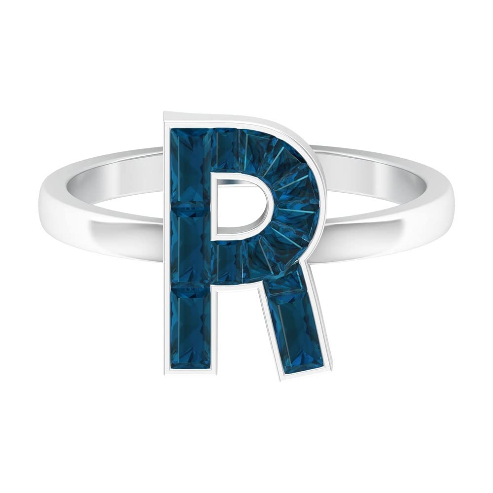 London Blue Topaz Initial Rings for Women - A-Z Alphabet Rings in 14K White Gold | Personalized Birthstone Jewelry, Baguette Cut Blue Topaz Letter Rings | Perfect for Birthdays, Anniversaries & Gifts