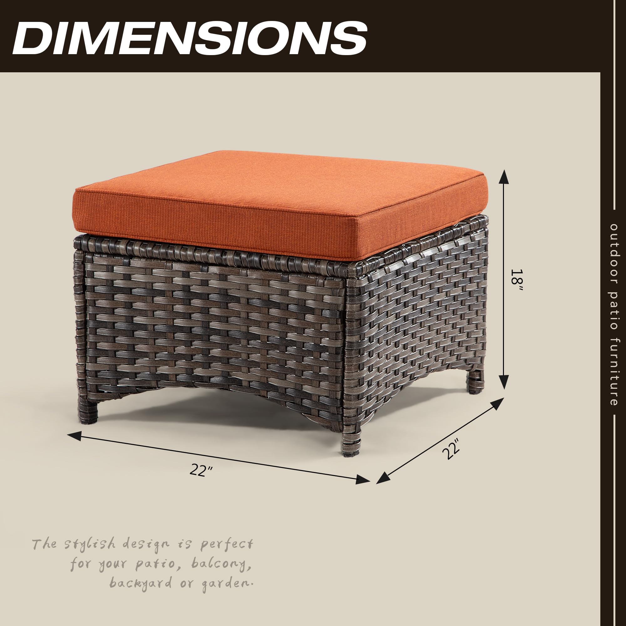 Joyside Outdoor Ottomans Set of 2 - PE Wicker Steel Frame Footstool with Removable Olefin Cushions for Patio, Garden, Backyard & Deck - Orange | Perfect for Outdoor Lounging, Poolside Relaxation & Entertaining Guests