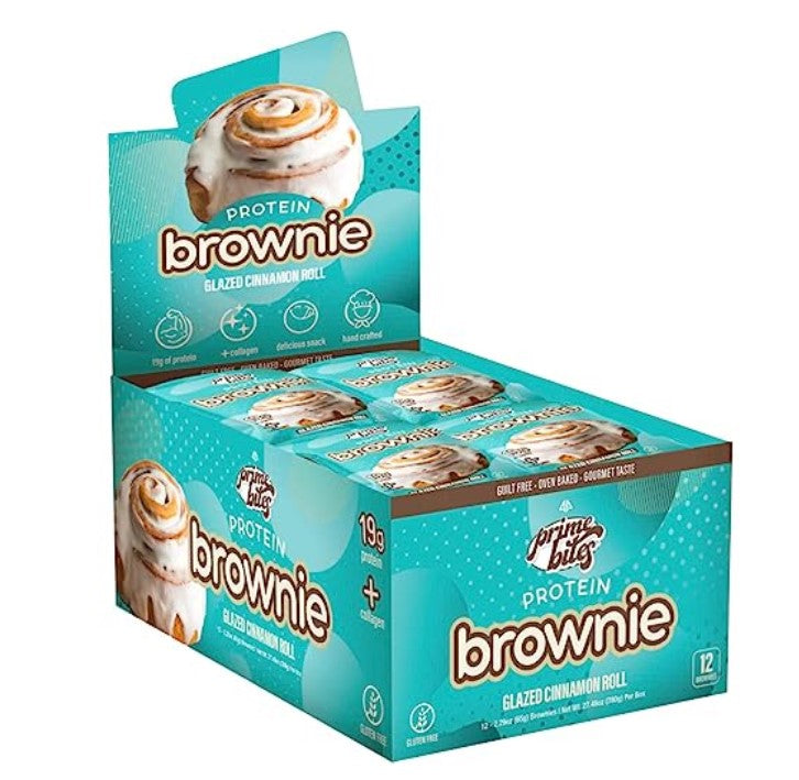 AP Sports PrimeBites Protein Brownies - Glazed Cinnamon Roll Flavor, 12 Pack (65g Each) | High Protein Snack for Gym, Workout Recovery & Healthy Lifestyle