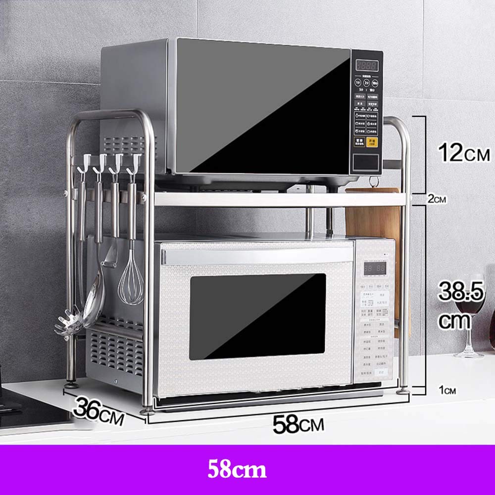Stainless Steel Microwave Oven Rack with 6 Hooks - Heavy Duty 20KG Capacity Kitchen Shelf for Countertop, Rice Cooker & Small Appliances Storage - Perfect for Small Spaces & Organized Kitchens