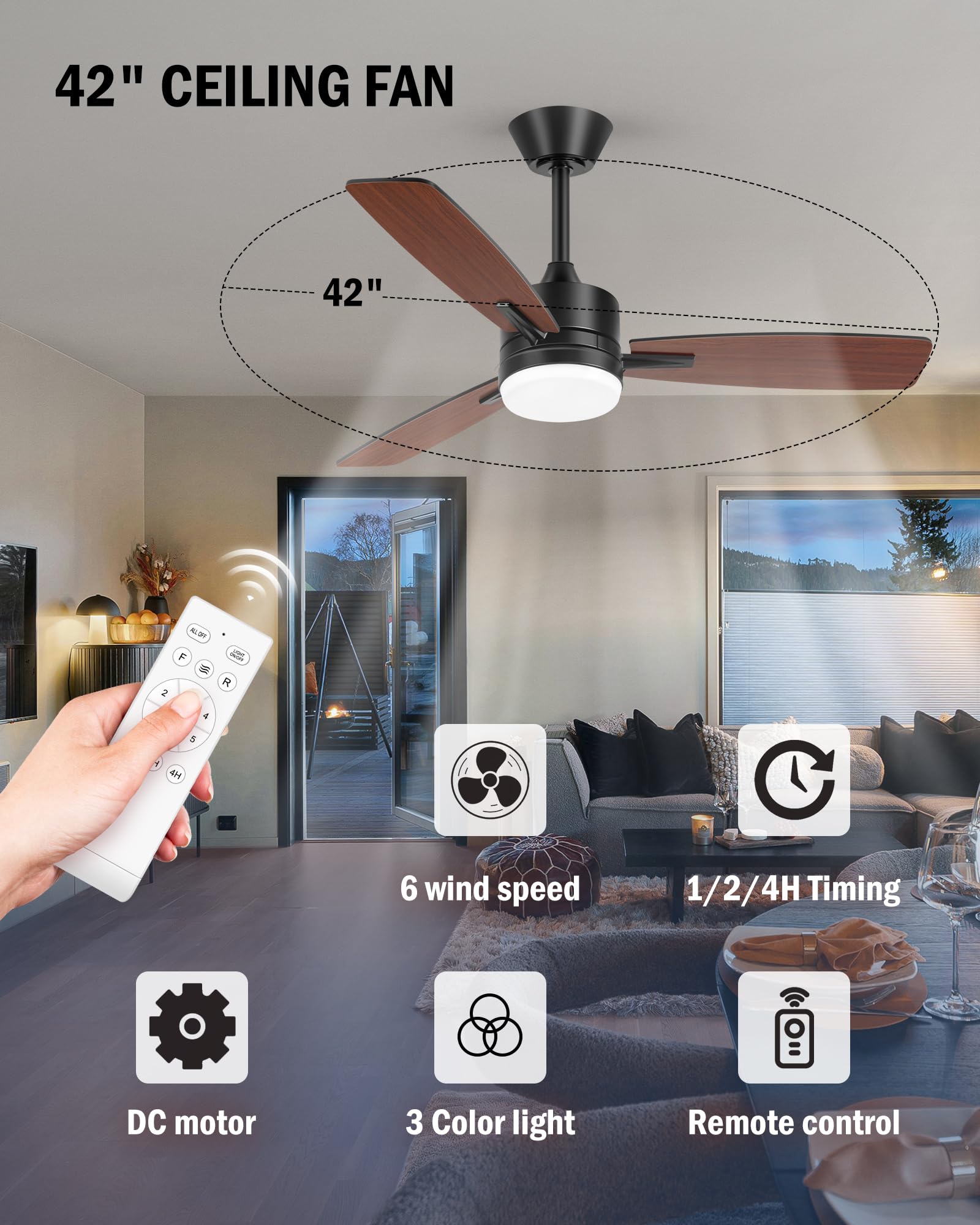 42 Inch Smart Ceiling Fan with Remote Control & LED Light - DC Motor, Reversible Blades, Indoor/Outdoor Use - Perfect for Bedroom, Farmhouse, Patio & Covered Outdoor Spaces