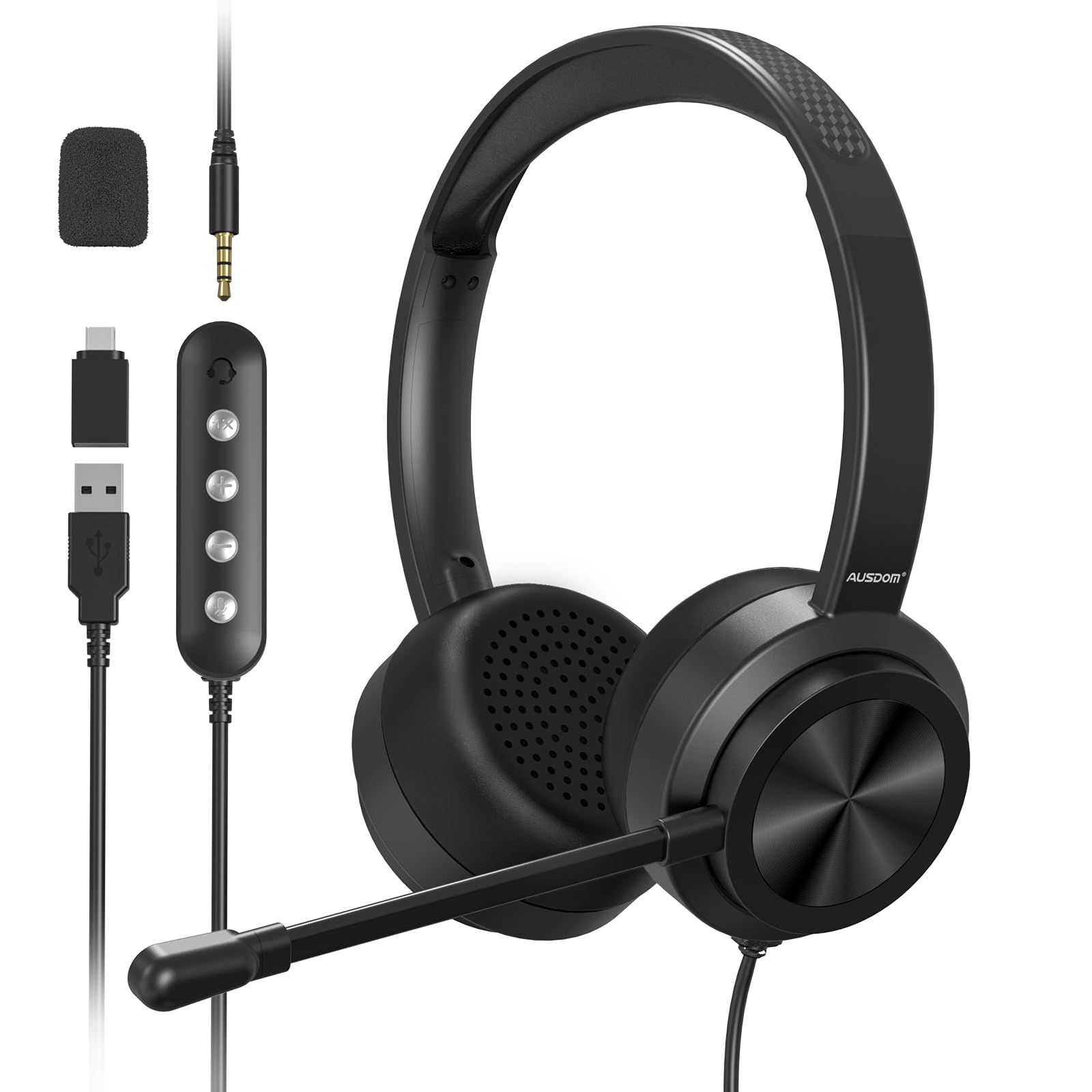 AUSDOM USB Computer Headset with Microphone - Noise Cancelling Wired Headphones with In-line Controls, 3.5mm/USB-A/USB-C Compatible for PC, Laptop, Phone | Perfect for Home Office, Online Classes, Zoom/Skype Meetings & Gaming
