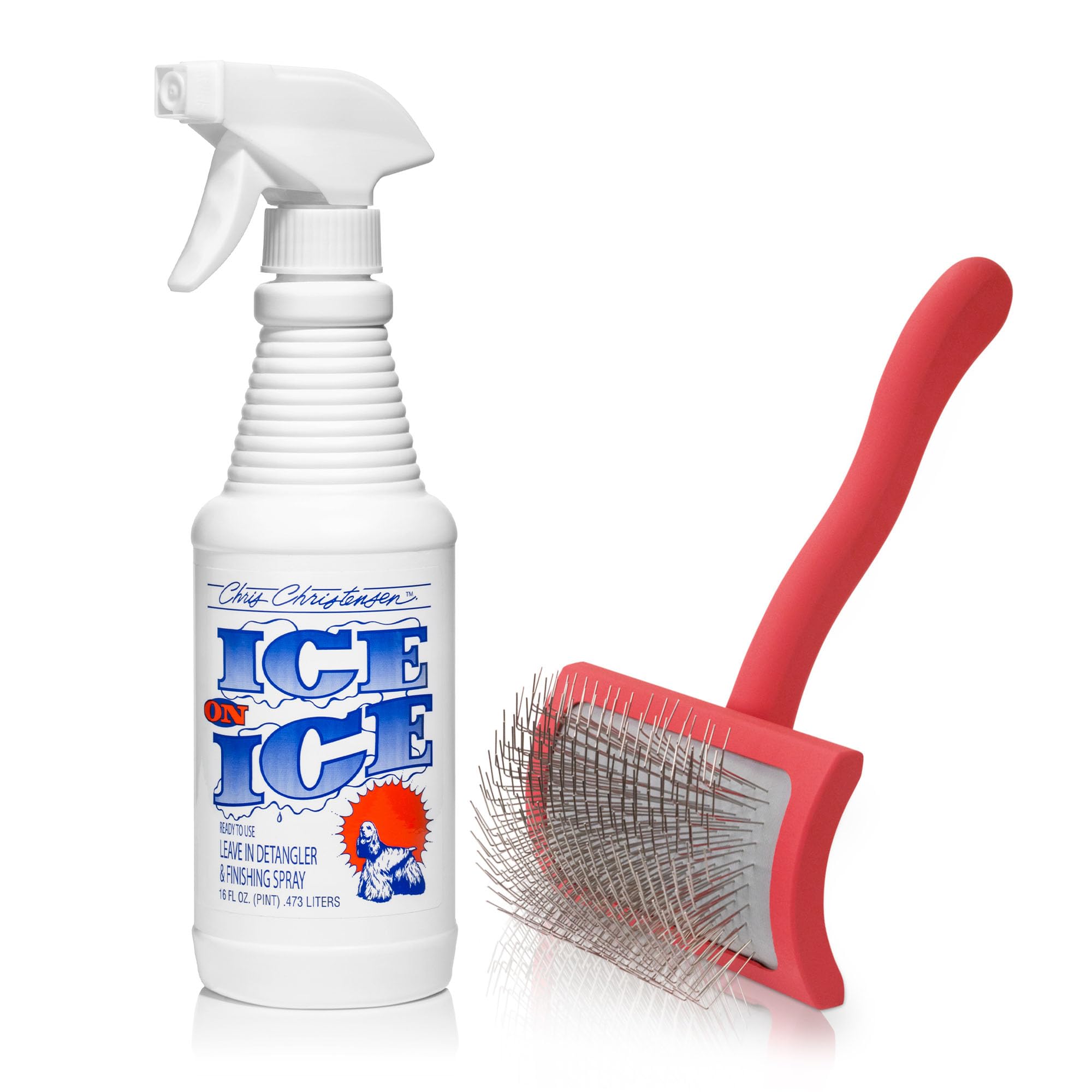 Chris Christensen Dog Brush Bundle: Ice on Ice Detangler & Finishing Spray for Elasticity & Strength + Big G Medium Slicker Brush for Fluffing and Detangling - Professional Grooming Kit for Long-Haired Dogs at Home or Salon