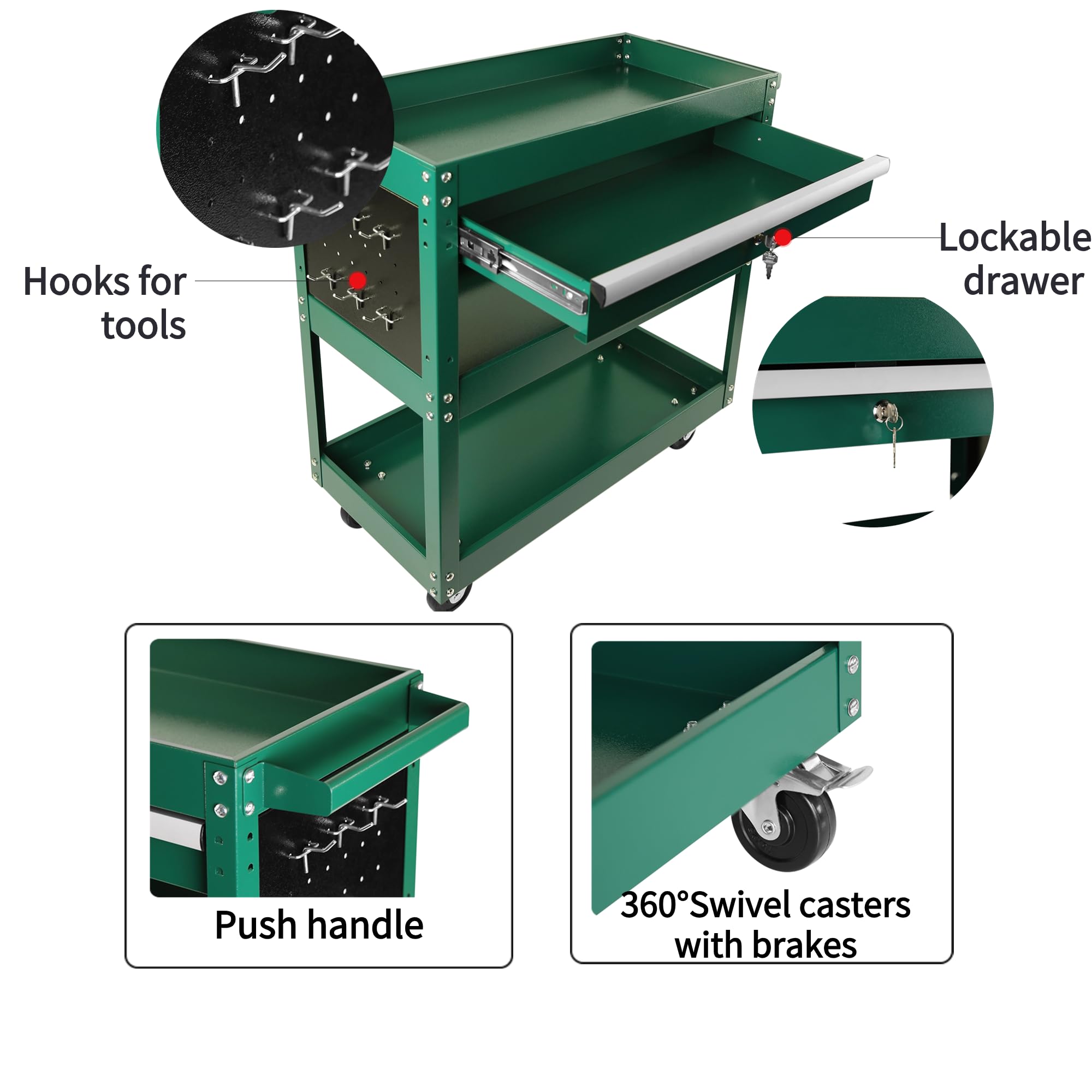 HMFULE 3-Tier Rolling Tool Cart with Locking System - Portable Tool Chest Organizer with 1 Drawer & Wheels for Garage, Workshop, Warehouse | Heavy-Duty Mobile Tool Storage for Mechanics, DIY & Home Repair Projects
