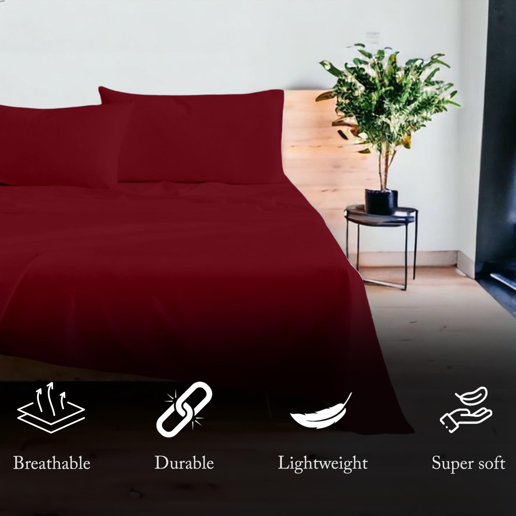 Luxury 1000 Thread Count Egyptian Cotton King Size Sheet Set - 4 Piece Burgundy Bedding with 17