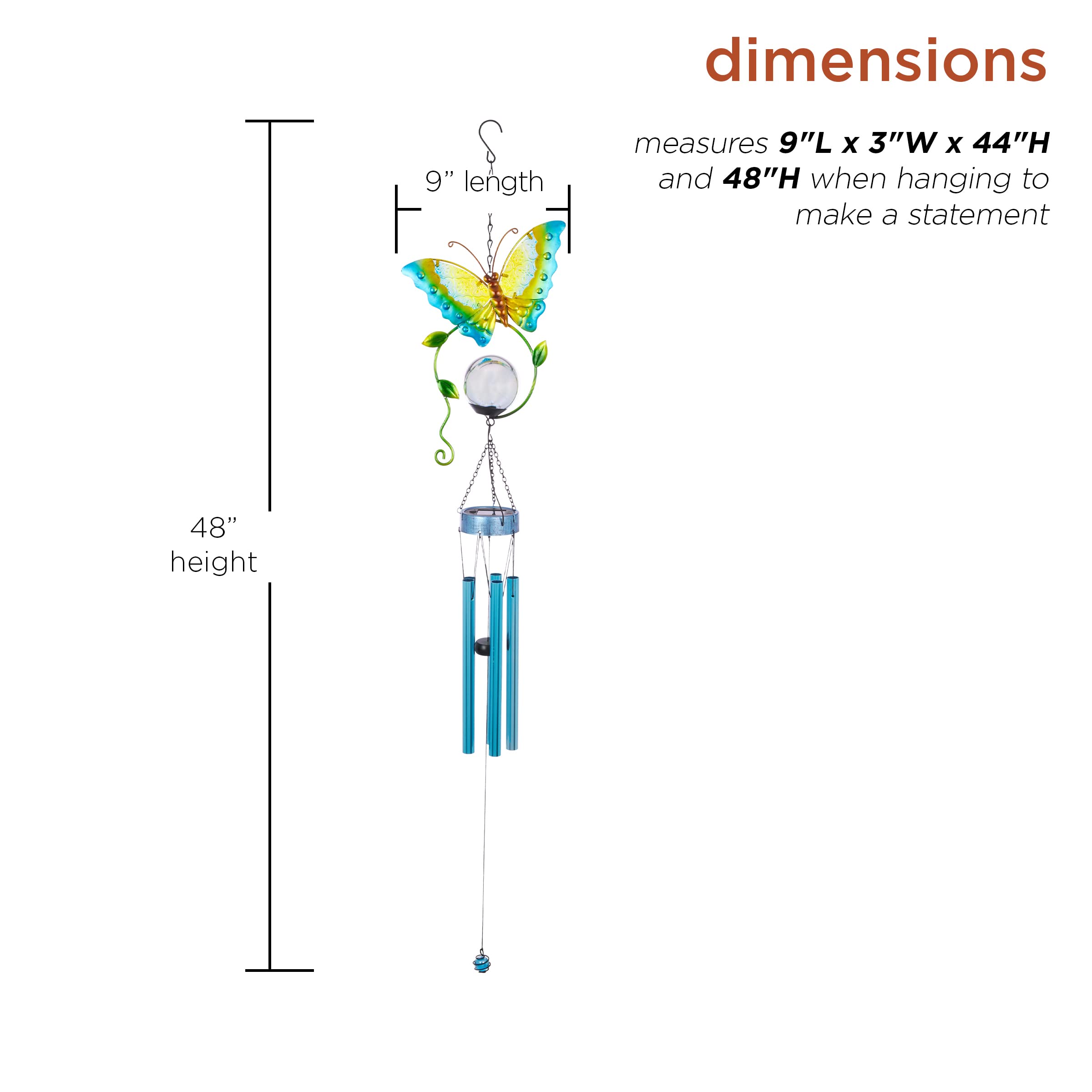 Alpine Corporation 48 Inch Blue Solar-Powered LED Butterfly Metal Wind Chime for Outdoor Garden, Patio, and Backyard Decor - Perfect for Relaxing Ambience and Nighttime Illumination