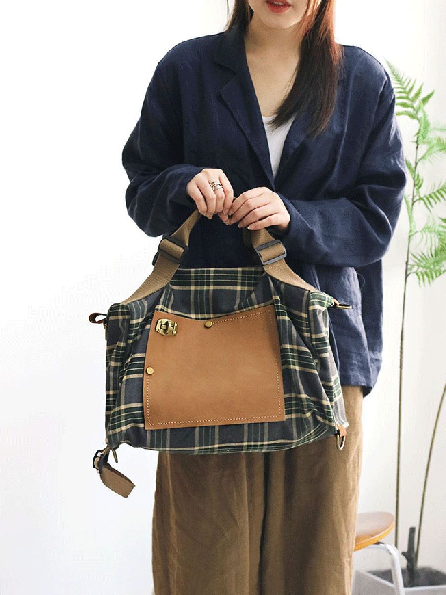 Vintage Plaid Canvas Crossbody Bag & Backpack - Stylish & Durable for Travel, School, and Everyday Use