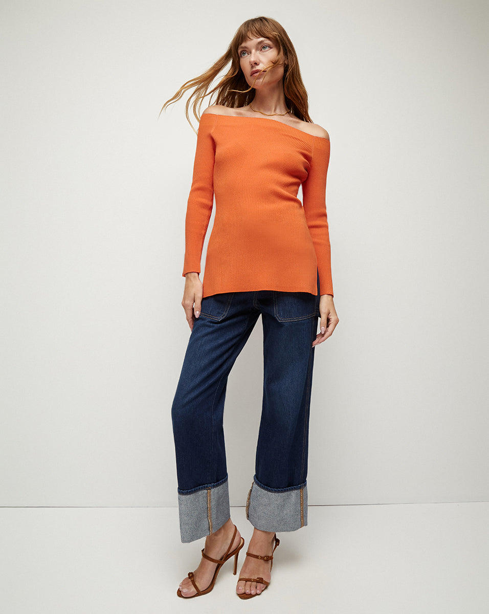 Derick Women's Ribbed Off Shoulder Pullover Sweater - Soft Knit Long Sleeve Tops for Fall & Winter - Casual Outfits, Date Night, Office Wear