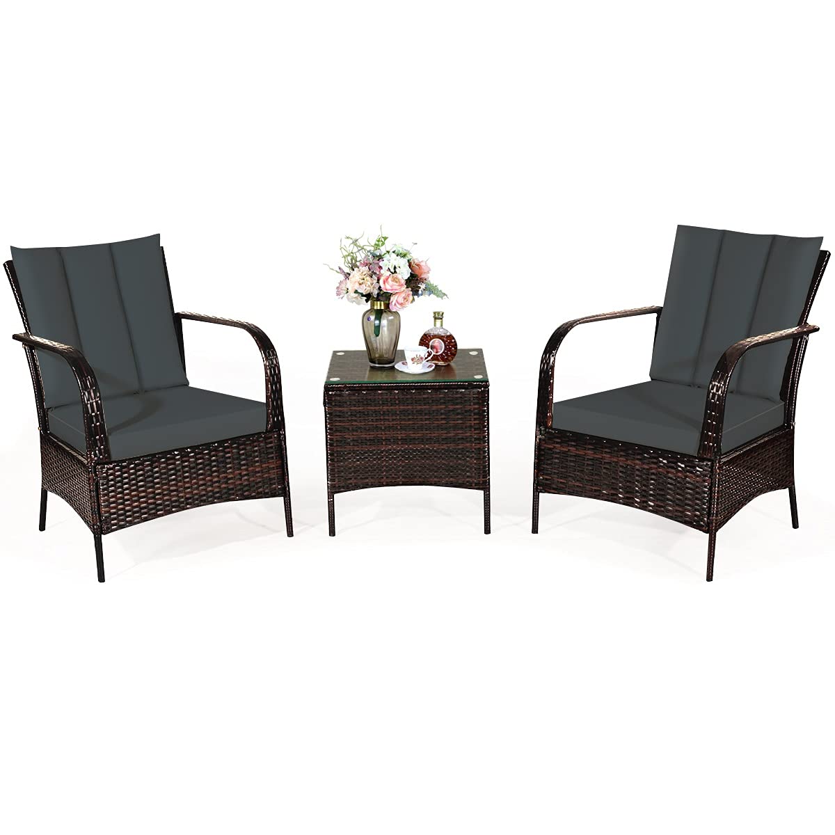 3 Piece Patio Furniture Set - Rattan Wicker Outdoor Sofa with Tempered Glass Table & Cushions - Gray Garden, Poolside, Balcony Furniture for Relaxing & Entertaining