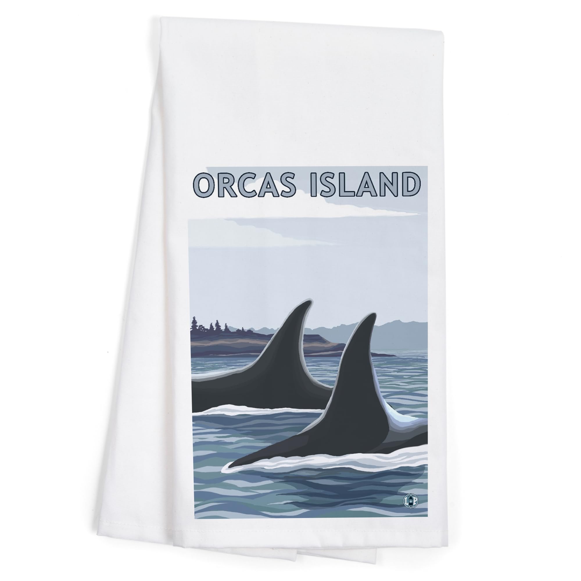 Lantern Press Orcas Island WA Orca Fins 100% Cotton Tea Towel - Decorative Hand Towel for Kitchen & Home Decor - Perfect for Dish Drying, Gift Giving & Coastal Themed Decor