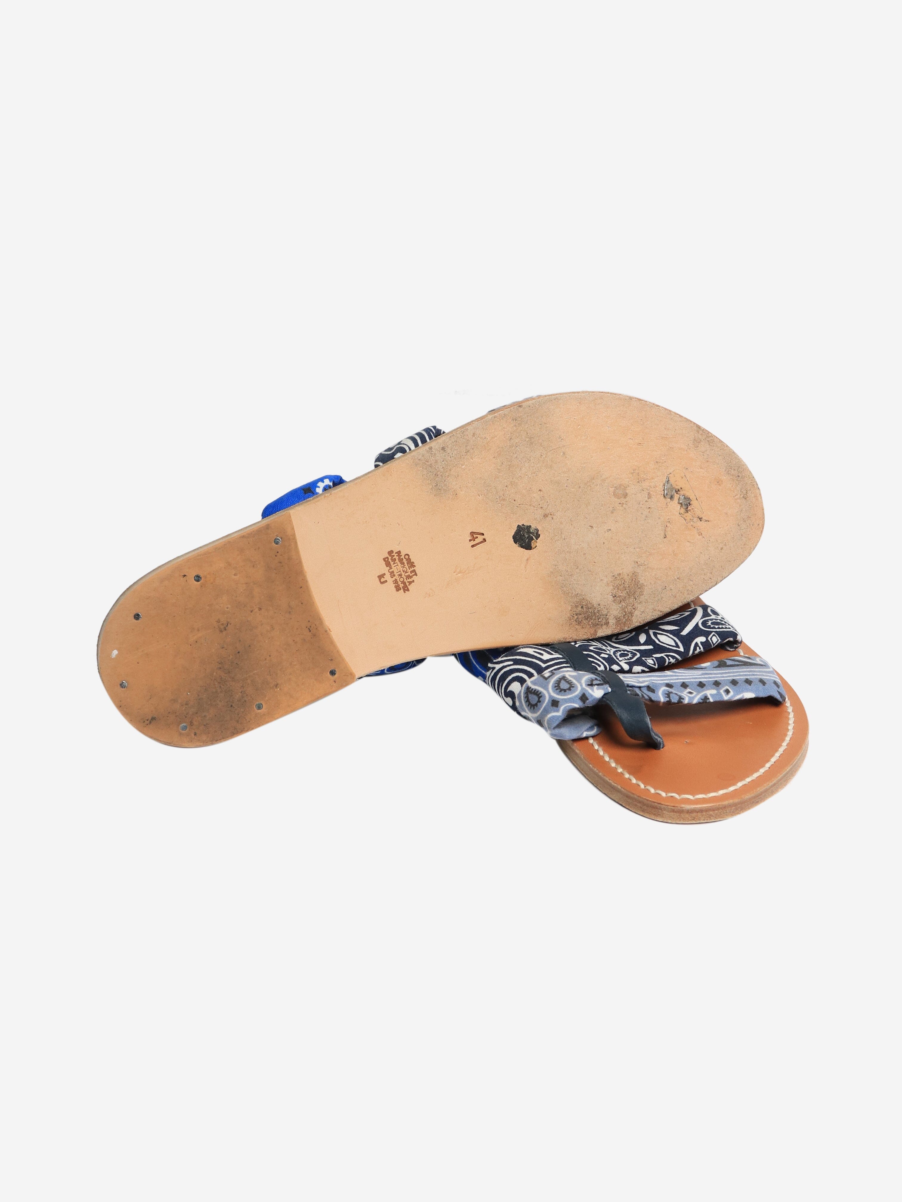 Blue Paisley Strap Flat Sandals for Women - Size EU 41 (US 10) - Comfortable Summer Beach Shoes for Vacation, Walking & Casual Outfits