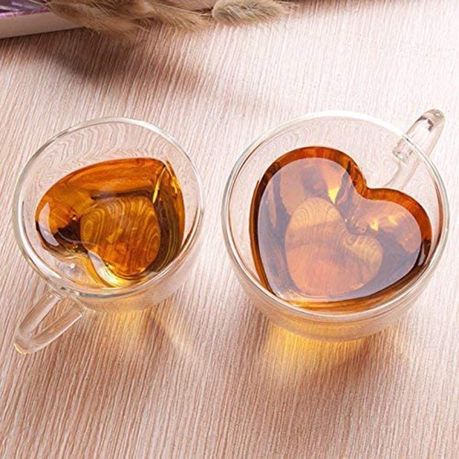 2-Pack Heart-Shaped Double Layer Insulated Glass Mugs - 150ML Heat-Resistant Coffee, Tea, Milk & Juice Cups - Perfect for Valentine's Gifts, Romantic Dinners & Cozy Home Use