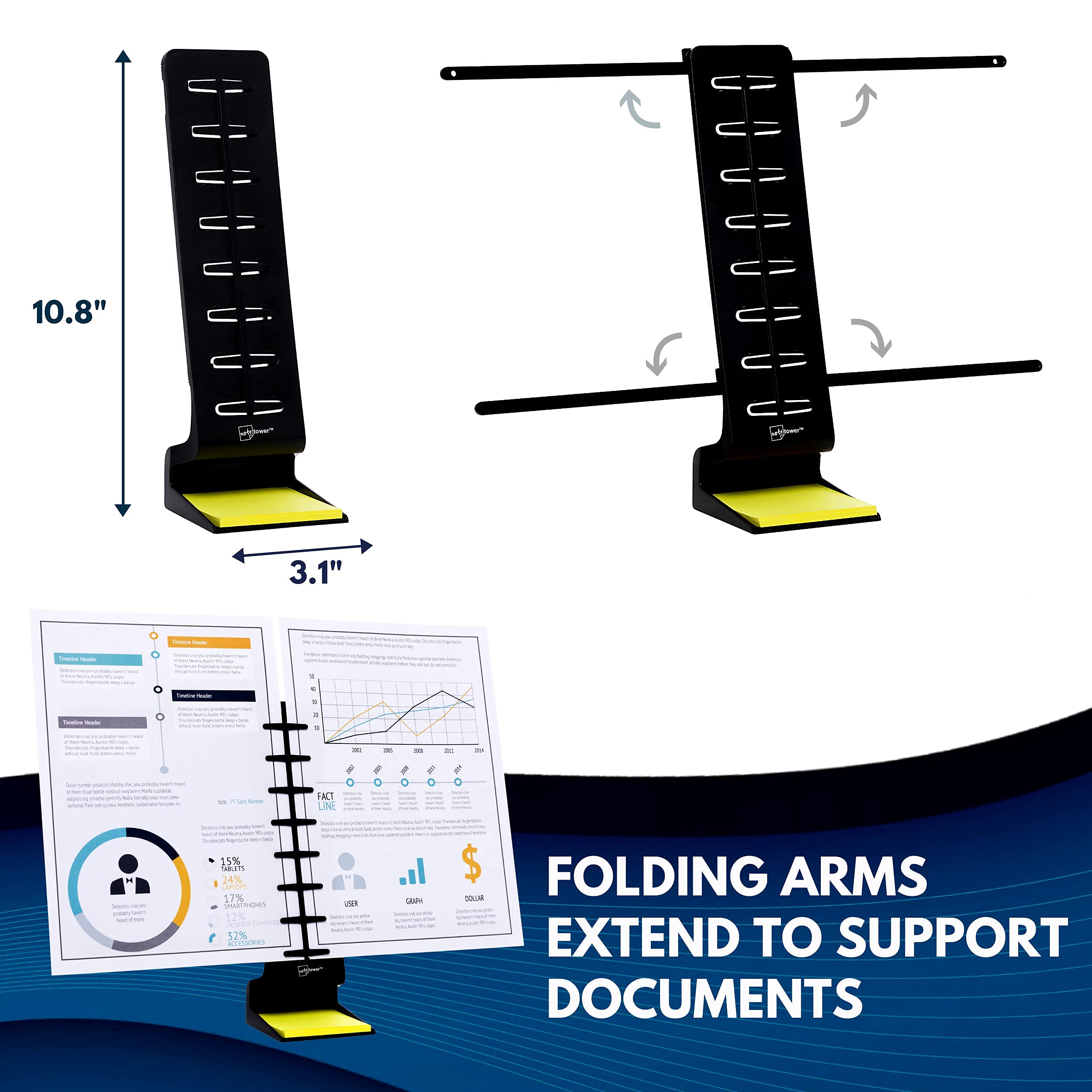 Note Tower Desktop Pro Dual Document Holder for Typing | Compact 2-Page Paper Stand for Desk | Black Document Organizer Holds Copy Paper, Photos & Sticky Notes | Includes 3x3 Post-it Notes - Perfect for Office Work, Study & Home Organization