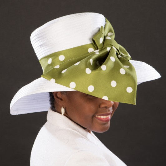 NA1064 White Satin Ribbon Church Hat with Large Polka Dot Bow - Elegant Year-Round Women's Headwear for Weddings, Easter, Sunday Services & Special Occasions