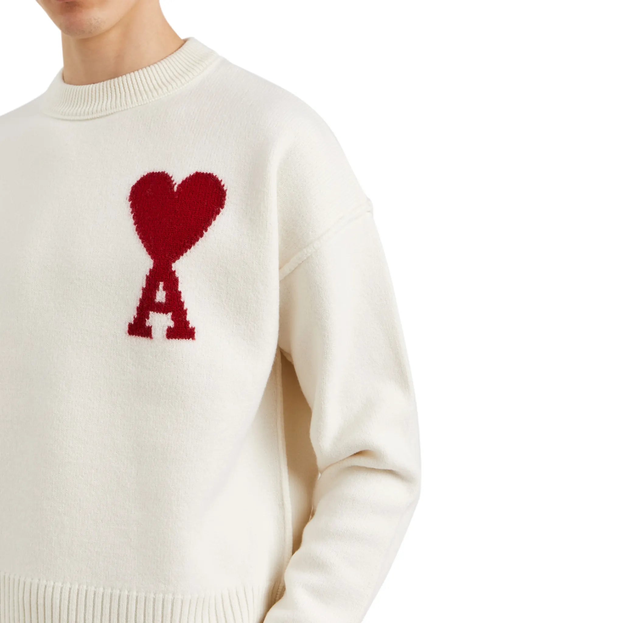Ami Paris Red Ami De Coeur Logo Intarsia Off White Sweatshirt - Stylish Casual Pullover for Men & Women | Perfect for Streetwear, Date Night & Everyday Outfits
