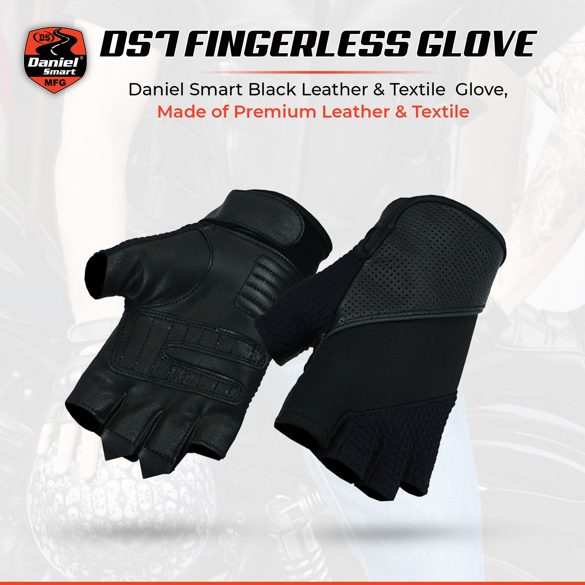 Daniel Smart Men's Textile & Leather Fingerless Motorcycle Gloves with Reflective Piping & Gel Palm - Biker Gear for Riding, Cycling & Outdoor Activities