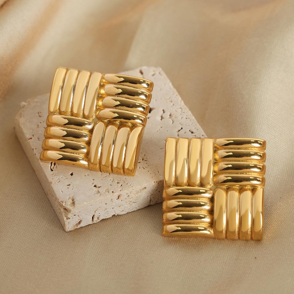 Trendy Chunky Large Square Stud Earrings for Women - Lightweight Hypoallergenic Geometric Statement Jewelry | Rectangle Textured Earrings for Prom, Party & Gift Giving | Fashion Accessories for Everyday Wear