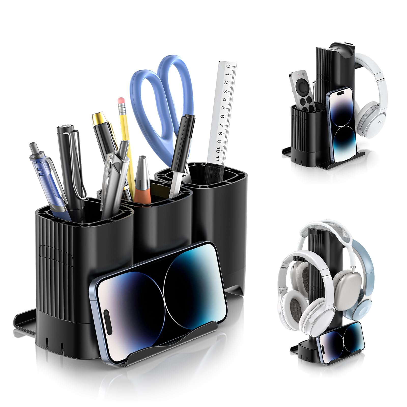 KDD 3-in-1 Headphone Stand with Desk Organizer - Adjustable Headphone Hanger, Phone Stand & Pencil Holder - Removable DIY Pen Organizer - Perfect for Gaming Setup, Home Office & School Workspace Accessories
