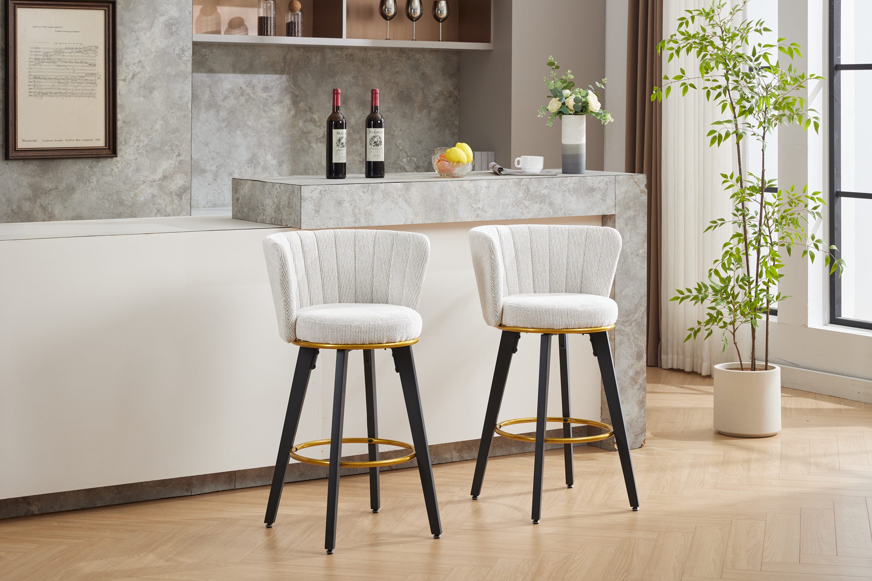 2-Pack Counter Height Bar Stools with 360° Swivel, Upholstered Back & Metal Legs - 26 Inch Seat Height, Velvet Fabric & Gold Footrest - Perfect for Kitchen Islands, Breakfast Bars & Home Decor