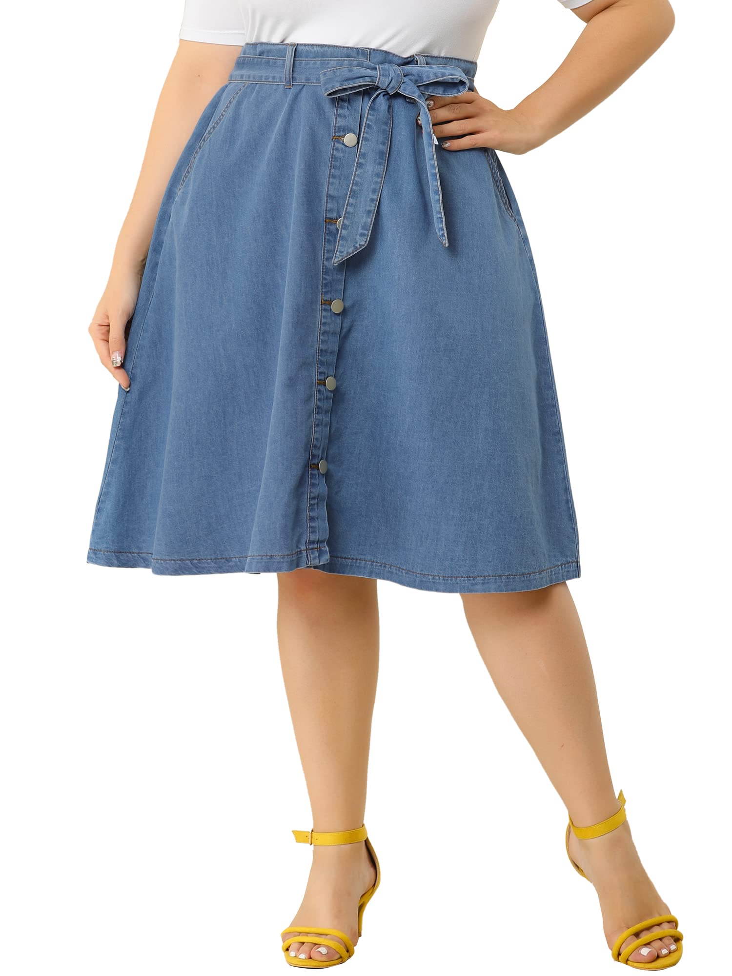 Agnes Orinda Women's Plus Size Denim Skirt - Stretch A-Line Midi Skirt with Tie Waist & Pockets | Casual Summer Outfit for Work, Date Night & Weekend Wear