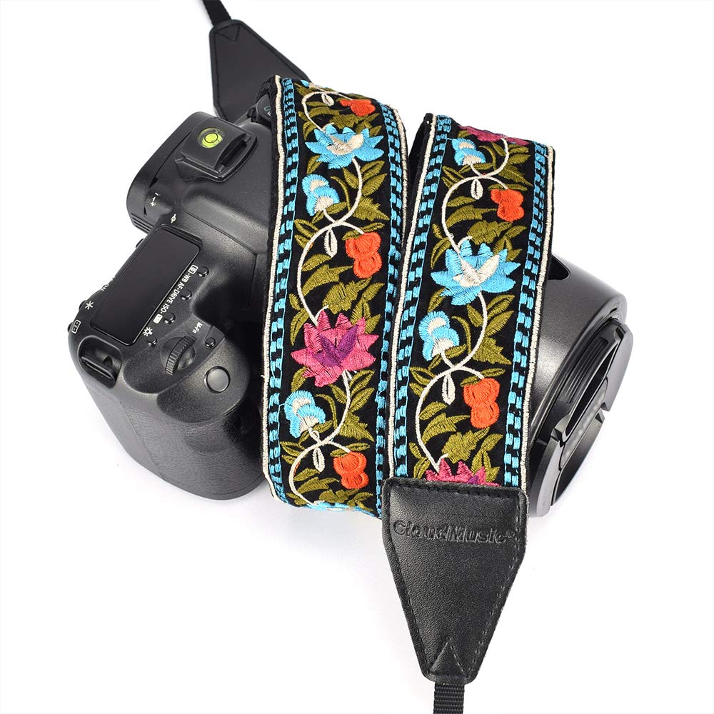 CLOUDMUSIC Jacquard Woven Camera Strap for DSLR/SLR Cameras - Vintage Floral Design (Blue Red Flowers) - Comfortable Neck Strap for Photographers, Women & Men - Perfect for Travel, Weddings & Outdoor Photography