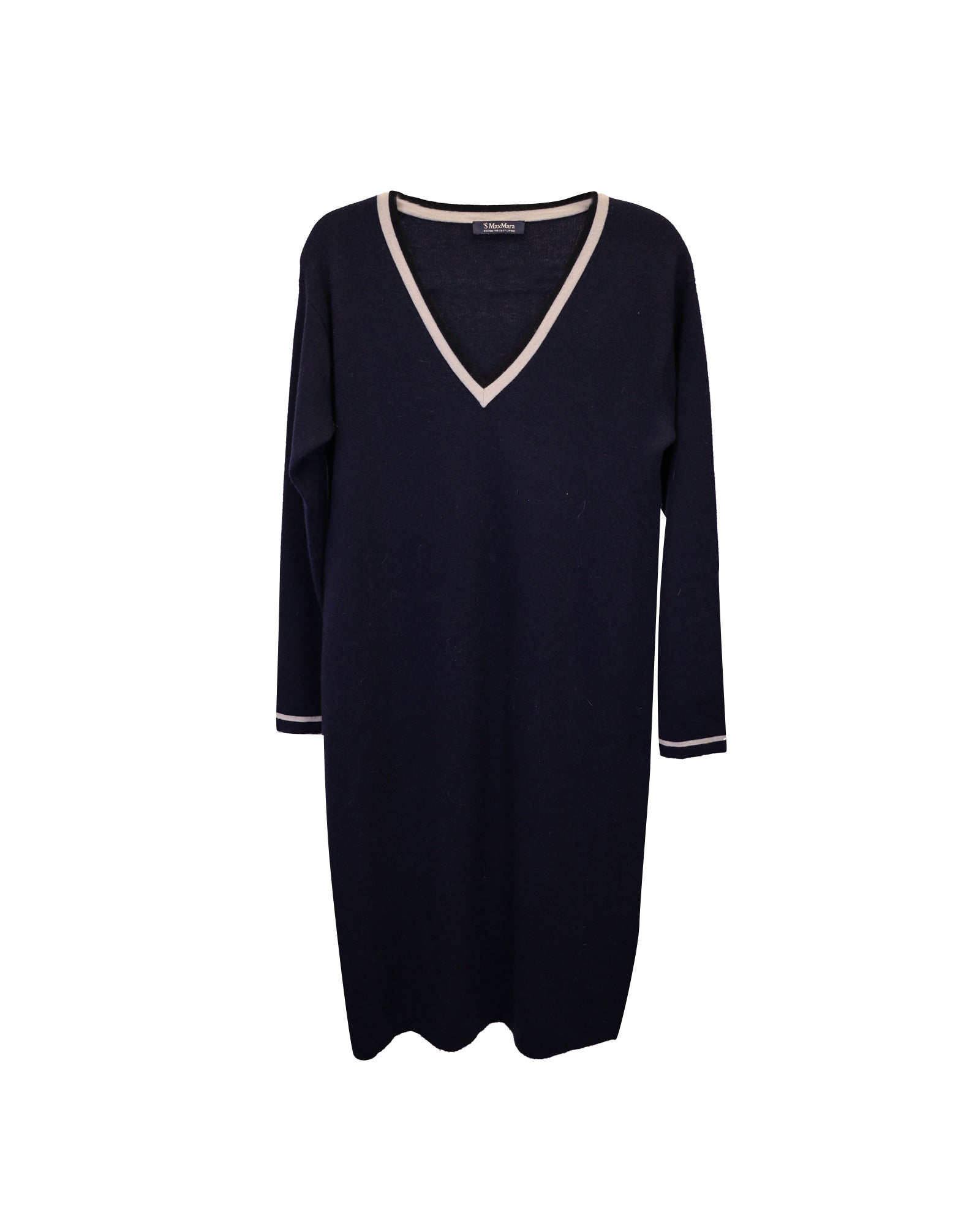 Max Mara Navy Blue Wool Striped V-Neck Midi Dress for Women | Elegant Office Wear & Casual Outings