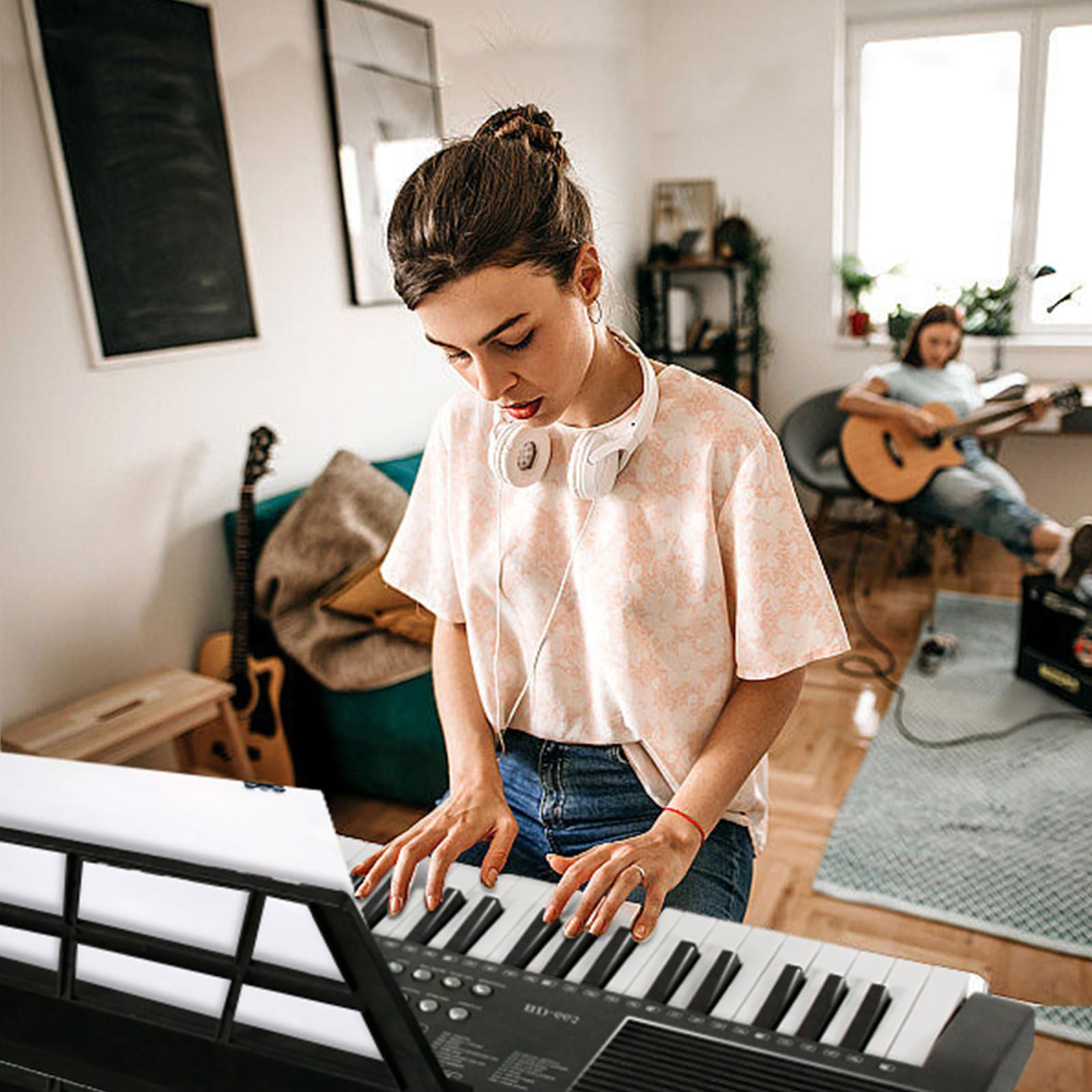 AQNIEGEP 61-Key Electric Keyboard Piano with Light-Up Keys - Full Set Includes Stand, Bench, Headphones & More - Perfect for Beginners & Adults - 70 Demos, 200 Rhythms/Tones, LED Display - Ideal for Home Practice, Music Lessons & Live Performances