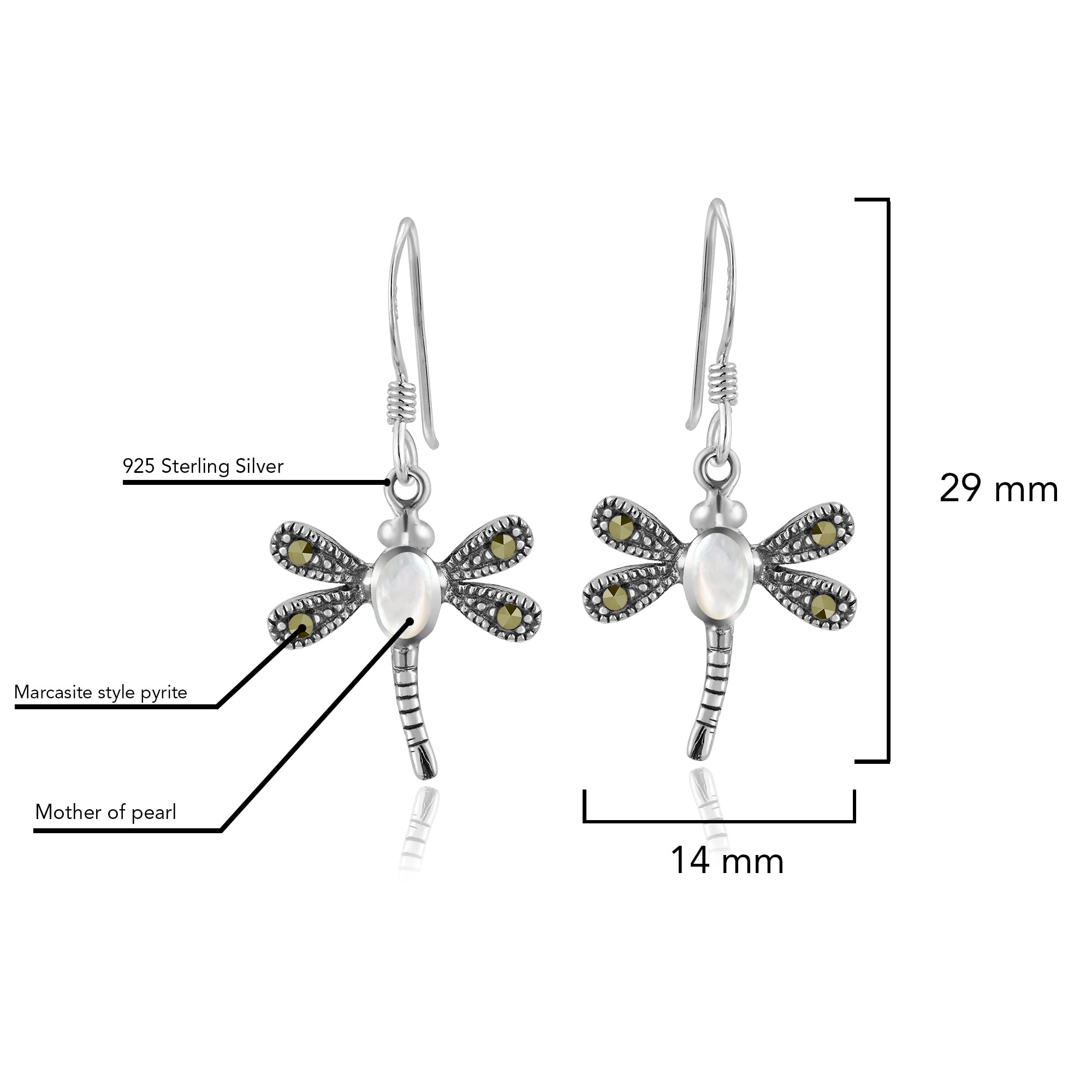 AeraVida Elegant White Mother of Pearl & Marcasite Dragonfly .925 Sterling Silver Dangle Earrings for Women | Fashionable Animal-Inspired Jewelry Gift for Daughter | Perfect for Weddings, Parties & Everyday Wear