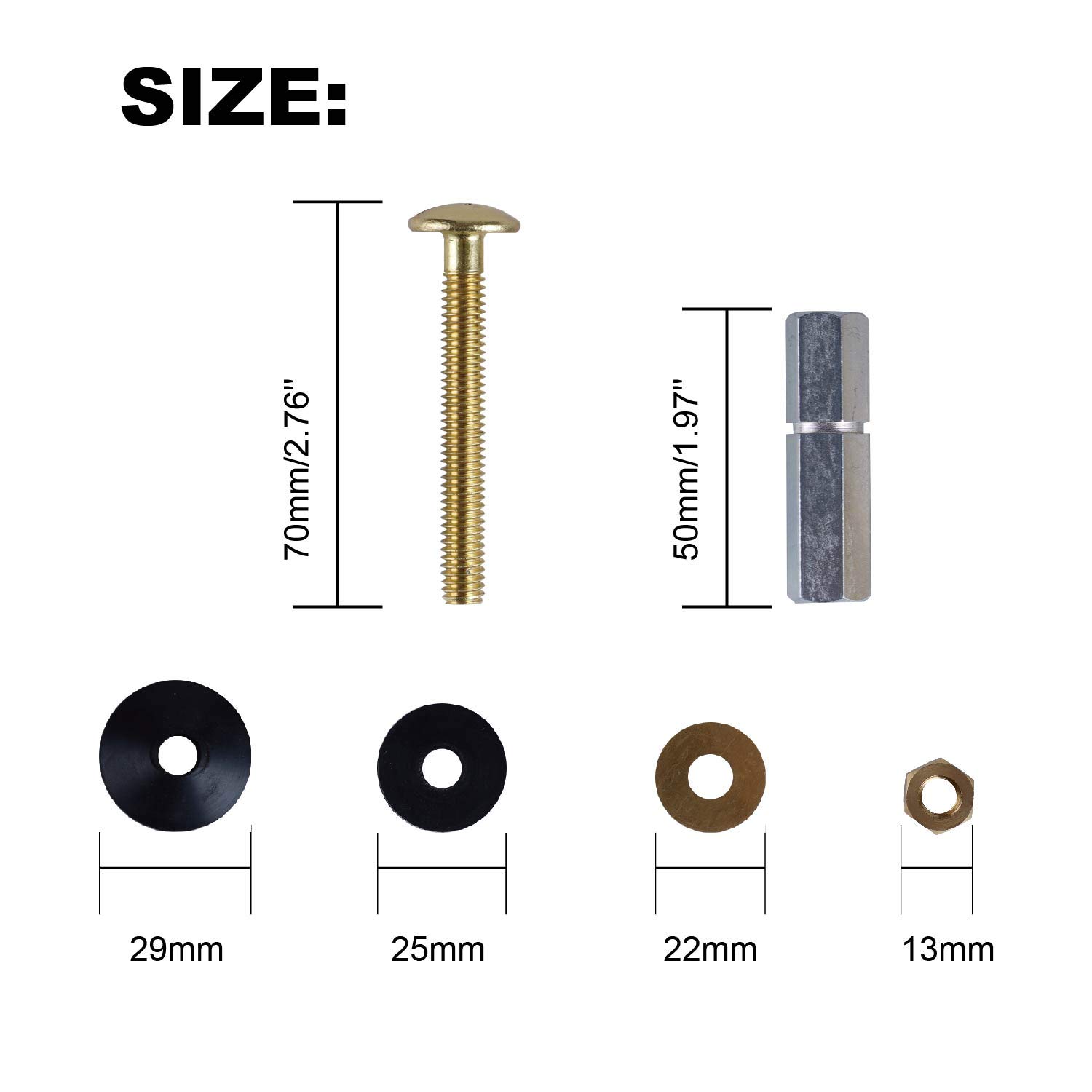 Hibbent 2 Pack Heavy Duty Toilet Tank to Bowl Bolt Kits - Solid Brass Bolts with Extra Long Nuts & Double Gaskets for Secure Fastening - Easy Installation for Toilet Repair & Maintenance