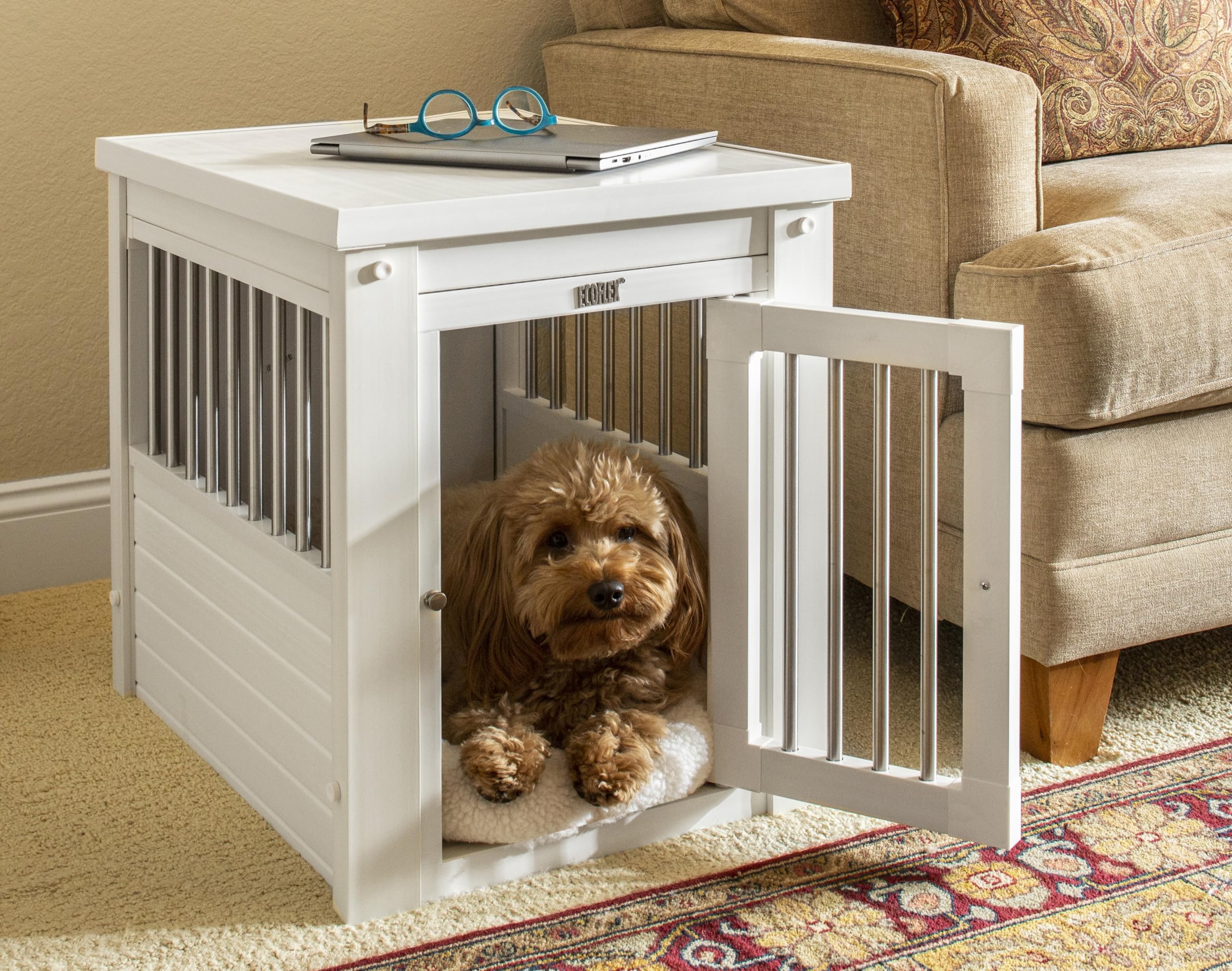 New Age Pet ecoFLEX Small Pet Crate & End Table - Antique White | Durable Dog Crate Furniture for Living Room, Bedroom & Office