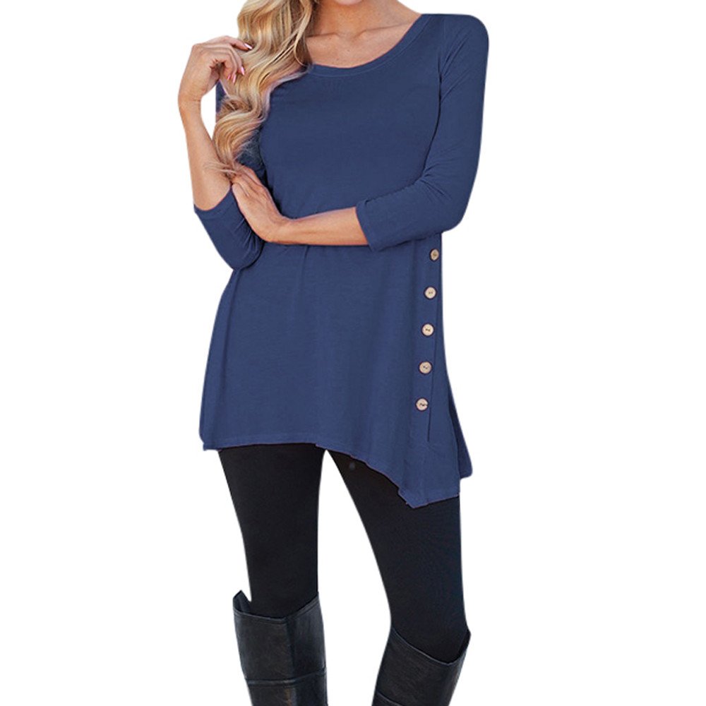 TWGONE Women's Long Sleeve Blouse - Elegant Work Tunic Top with Button Trim, Round Neck & Loose Fit - Perfect for Office Wear, Business Casual & Professional Outfits
