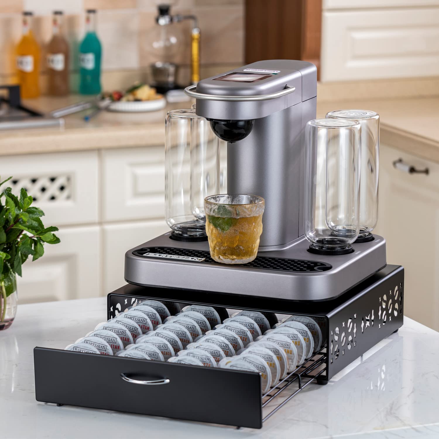 Bartesian Cocktail Pod Holder - Black Metal Capsule Organizer with 40 Pod Capacity | Bar Design & Cocktail Machine Stand | Perfect for Home Bars & Entertaining