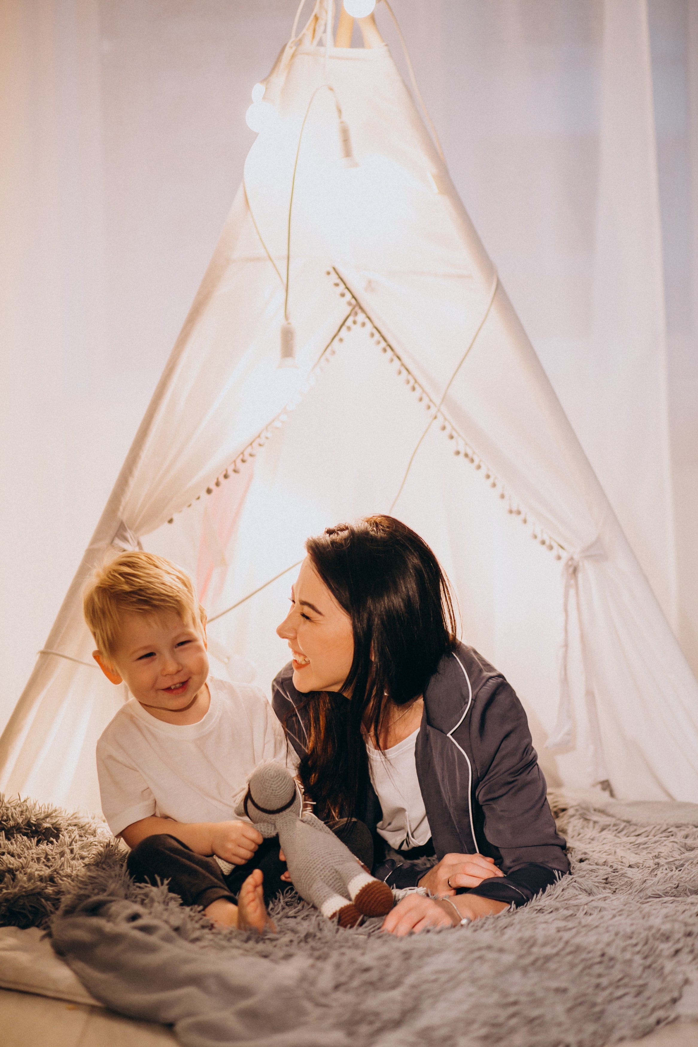 Large Foldable Kids Canvas Teepee Play Tent with LED Lights - White | Indoor Outdoor Playhouse for Children's Bedroom, Camping & Backyard Adventures
