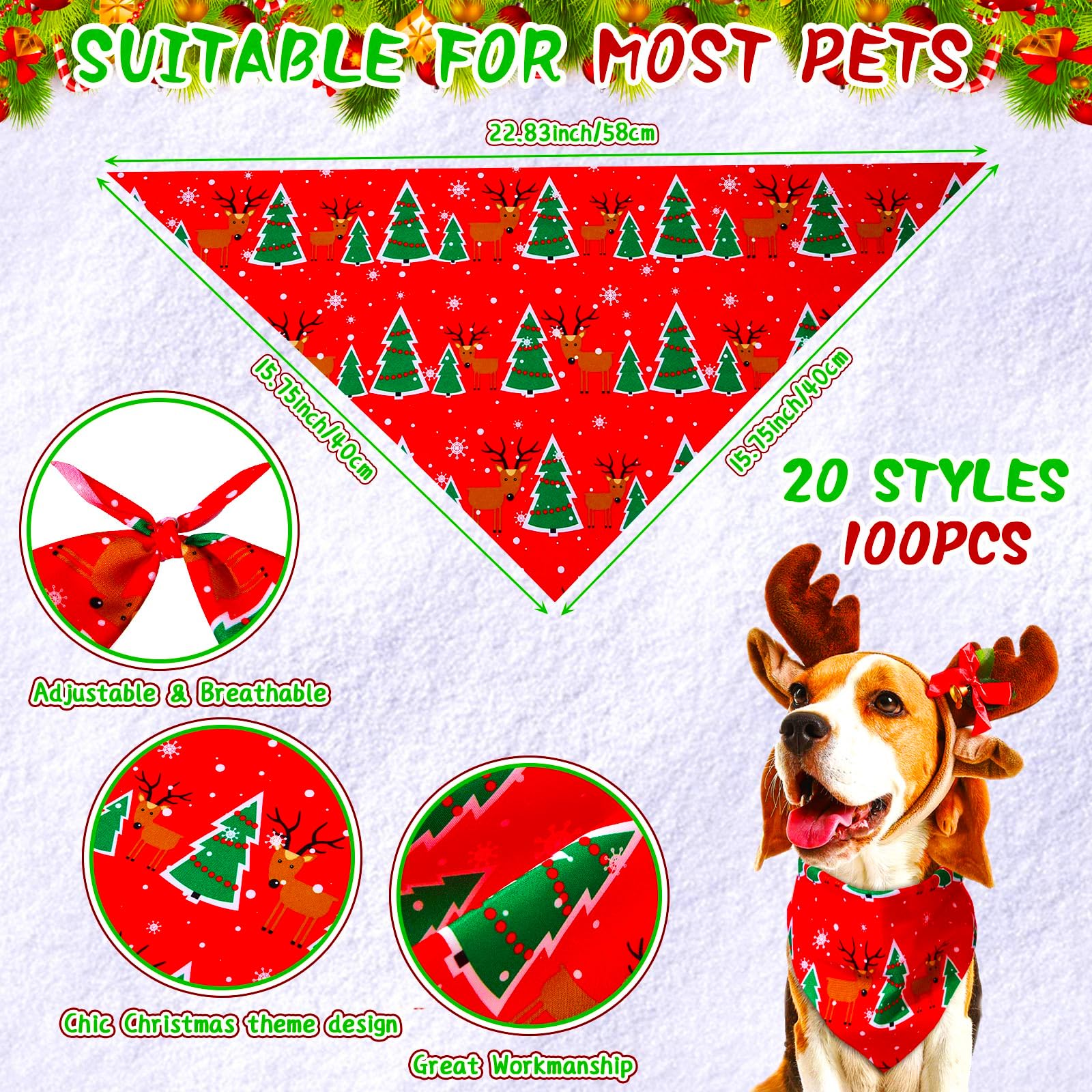 100 Pcs Christmas Dog Bandanas Bulk – Adjustable Santa Claus, Gingerbread Man & Deer Pattern Pet Bibs – Festive Triangle Scarf for Small & Medium Dogs – Perfect for Holiday Photos, Parties & Gifts