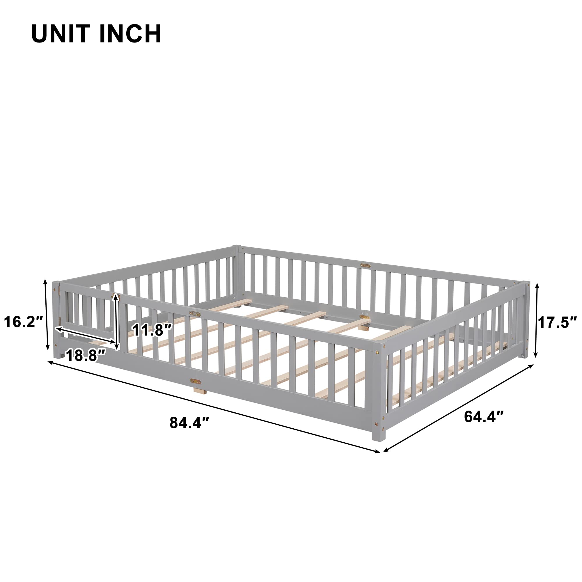 Queen Size Gray Wooden Floor Bed Frame with Safety Fence & 7 Slats - Sturdy Kids Bed for Toddler Room, Nursery, or Playroom - Low Profile Platform Bed with Guardrails for Child Safety