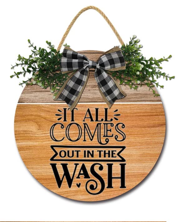 Vintage Wooden Laundry Room Sign Wreath - 12x12 Inch Farmhouse Decor with 'It All Comes Out In The Wash' Quote - Perfect for Laundry Room, Wash House & Rustic Home Decor