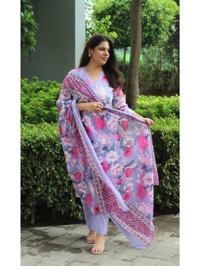 Lavender Hand Block Printed Salwar Suit Set of 3 - Traditional Indian Ethnic Wear for Women, Party & Wedding Outfit
