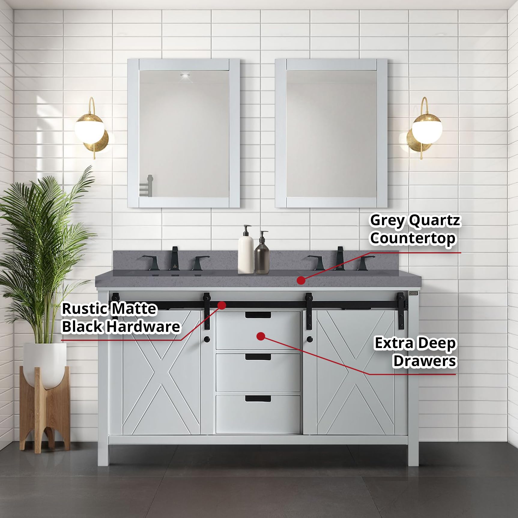 Ketchum 60-Inch White Double Bathroom Vanity with Grey Quartz Countertop & 24-Inch Mirrors - Modern Bathroom Furniture for Master Bath or Guest Bath Renovation