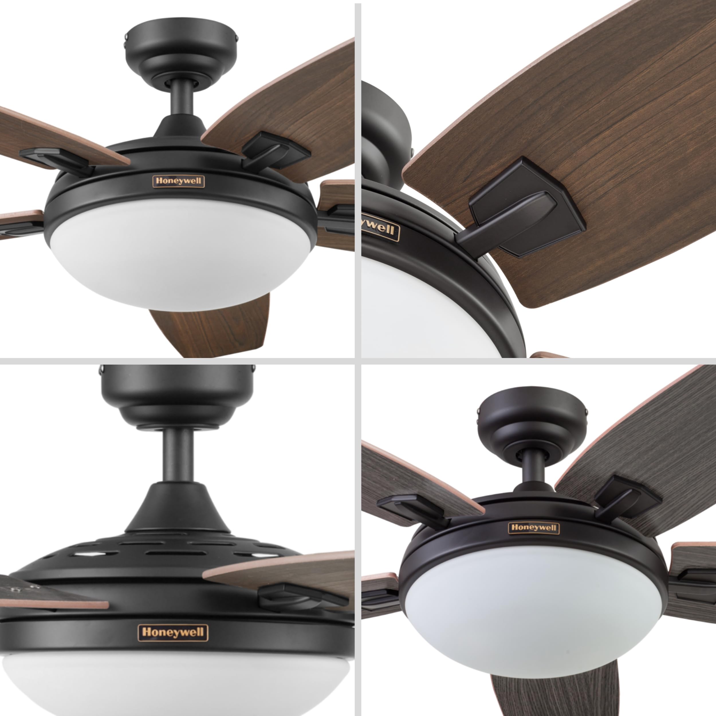 Honeywell Carmel 48 Inch Modern Ceiling Fan with LED Light and Remote Control - 5 Blades, Gray Ironwood/Brown Maple Finish - Bronze (50197-01) - Perfect for Living Room, Bedroom, and Indoor Spaces