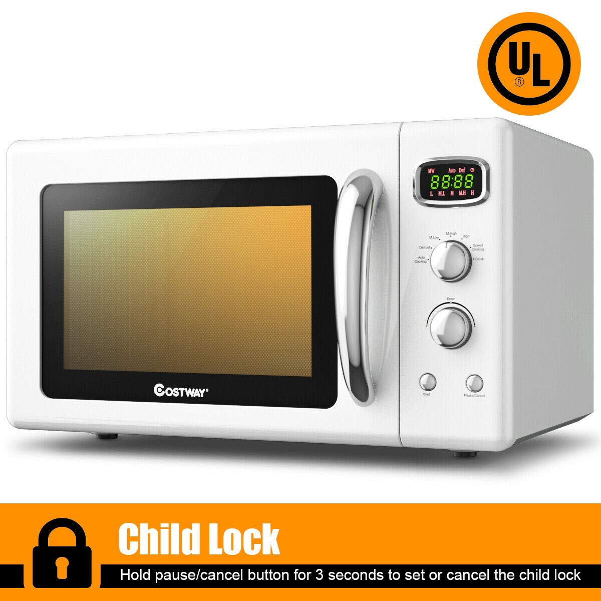 COSTWAY Retro Countertop Microwave Oven - 0.9 Cu.ft 900W Compact Microwave with 5 Power Levels, Defrost & Auto Cook Functions, LED Display, Glass Turntable & Viewing Window, Child Safety Lock (ETL Certified) - Perfect for Small Kitchens, Dorms & Office Break Rooms