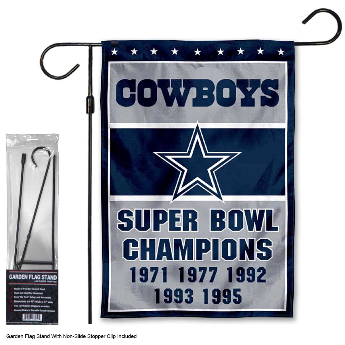 WinCraft Dallas Cowboys 5-Time Super Bowl Champions Garden Flag with Stand Pole Holder - Perfect for Football Fan Yard Decor & Game Day Party